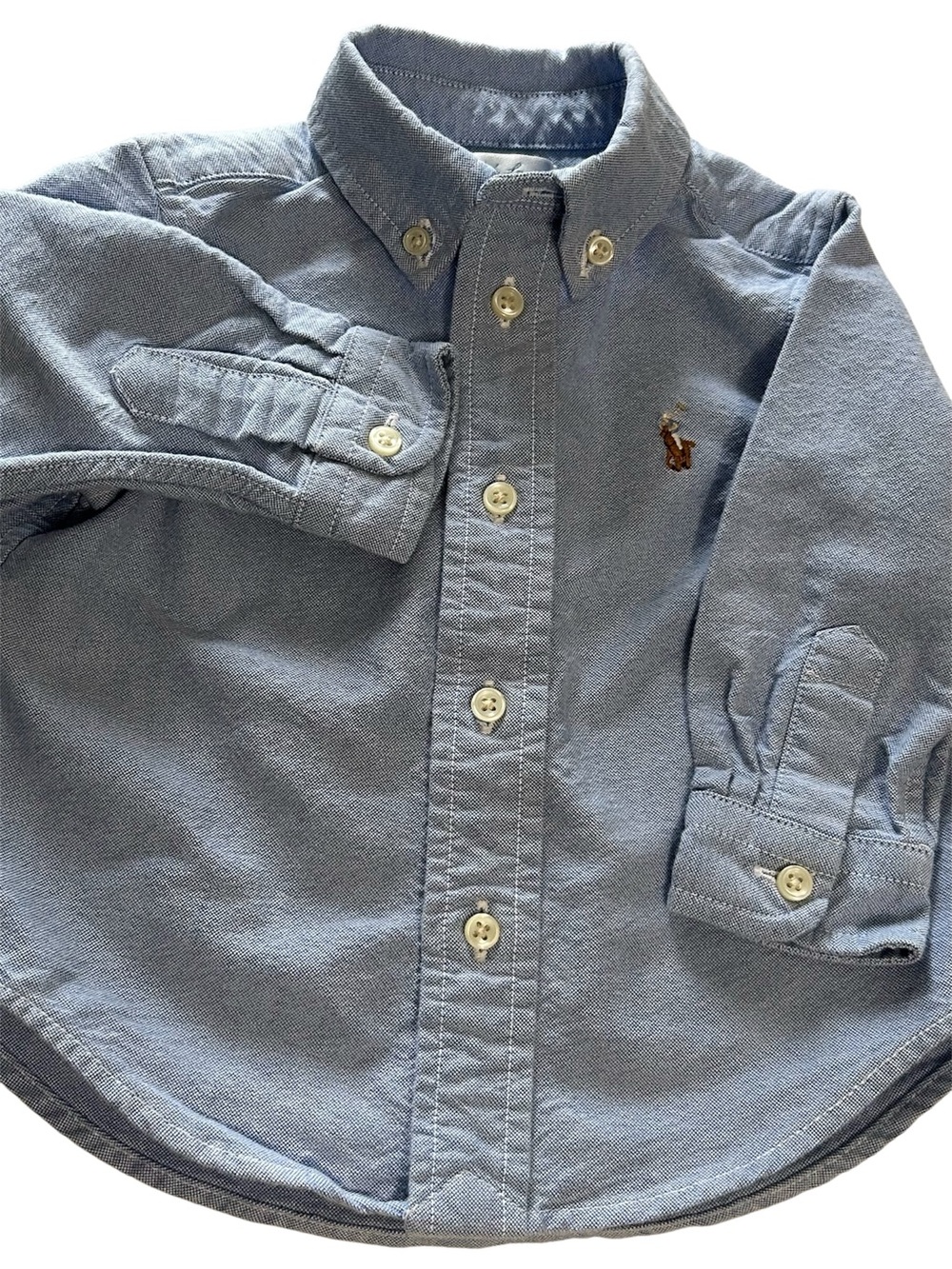 RALPH LAUREN Baby Boy Button Down Shirt Blue Oxford Multi Color Polo Logo Sz 9m